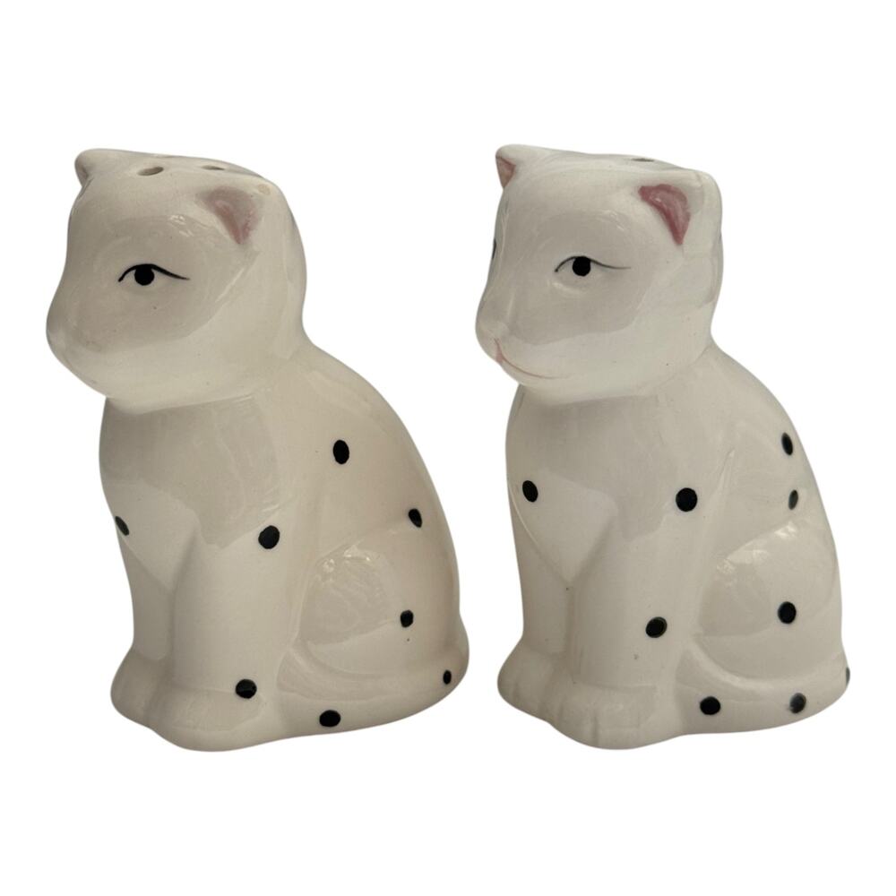 Vintage White Cats Black Spots Salt Pepper Shaker Set 3" Ceramic Kitten Figural
